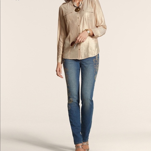 Chico’s Gold Button-up Izzie Blouse 0 - Picture 2 of 6